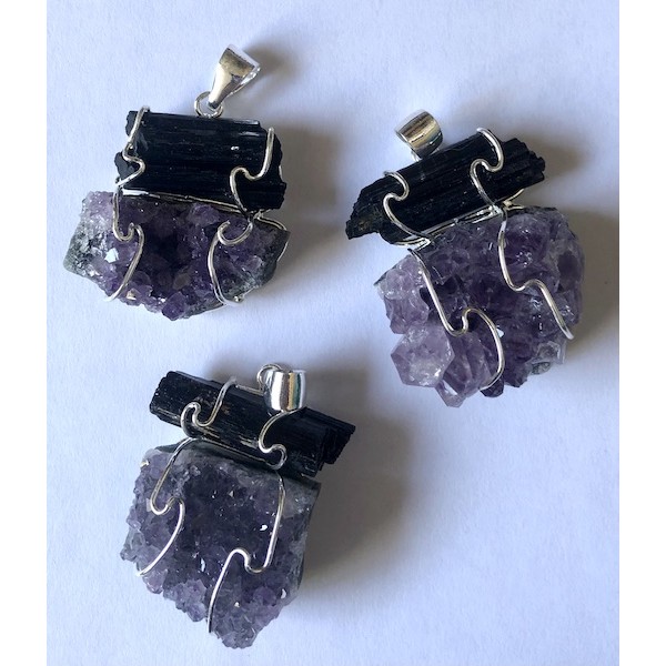 Pendant Amethyst and Black Tourmaline Dual Pendant set in Silver